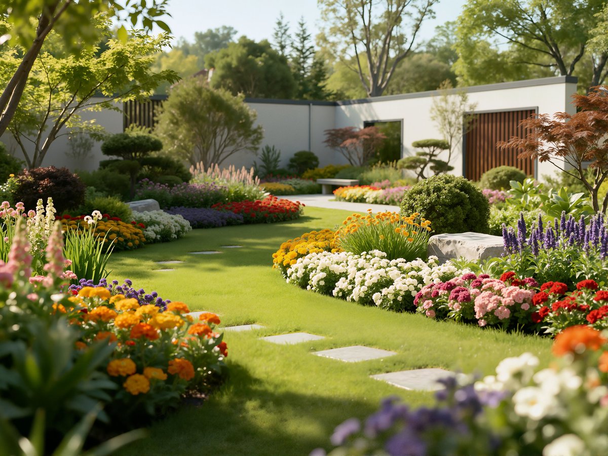 Contemporary garden with stepping stones on lush green lawn and flowering beds