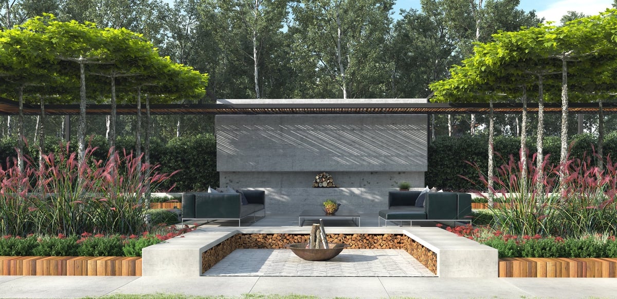 Contemporary outdoor lounge area with symmetrical landscape design