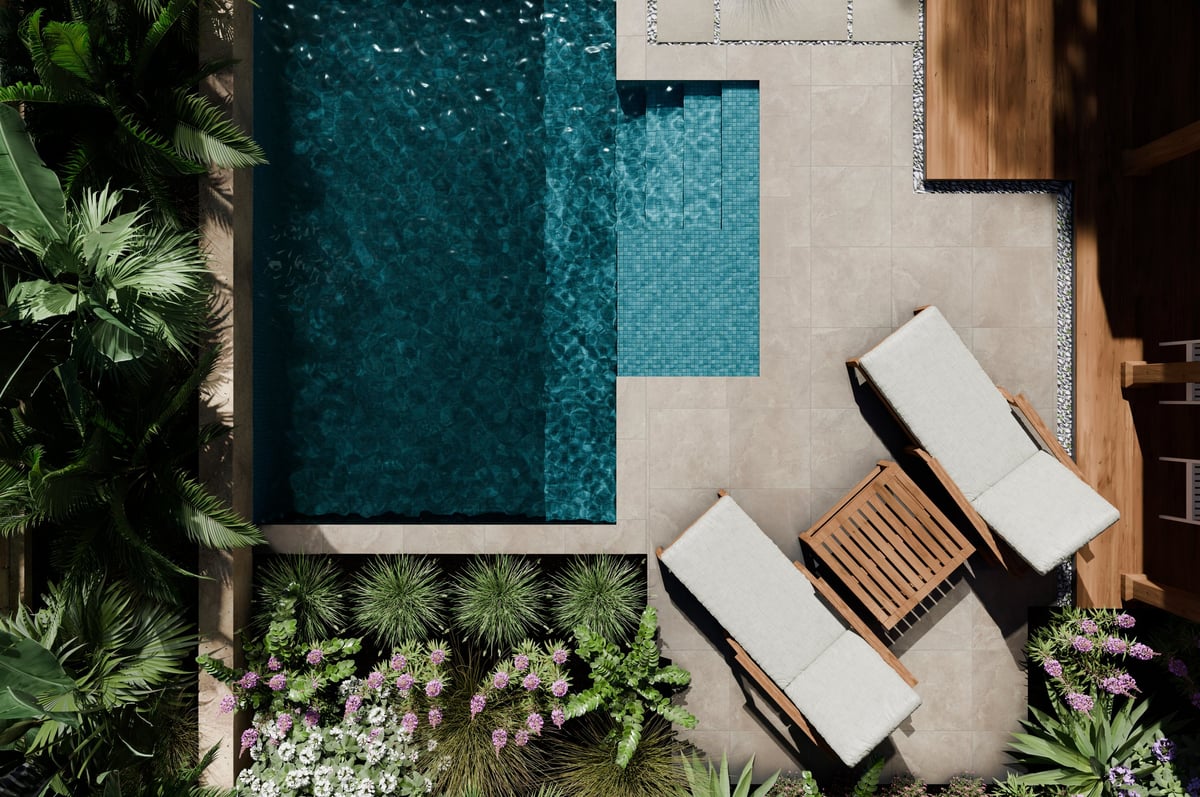 Aerial view of luxury garden landscaping with natural stone and tidy planting