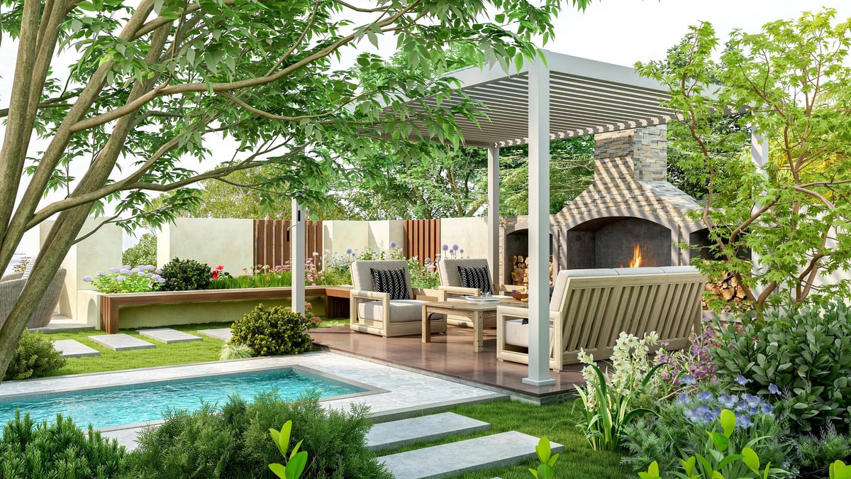 Modern luxury backyard garden with outdoor seating and clean landscaping